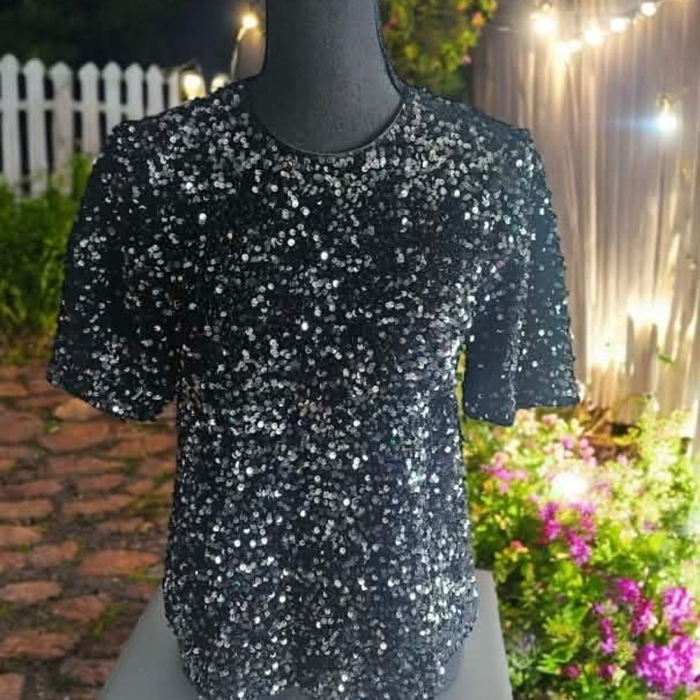 Alex Marie Black Sequin Short Sleeve Top - Fully Lined